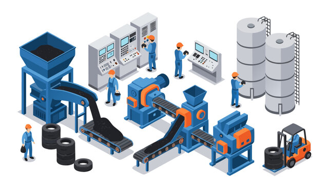 Isometric illustration of a modern industrial tire recycling plant with machinery and workers.