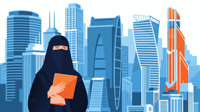 A Muslim woman in a hijab and niqab holding a folder stands in front of a modern cityscape with tall buildings.