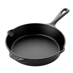 Black cast iron skillet on black background