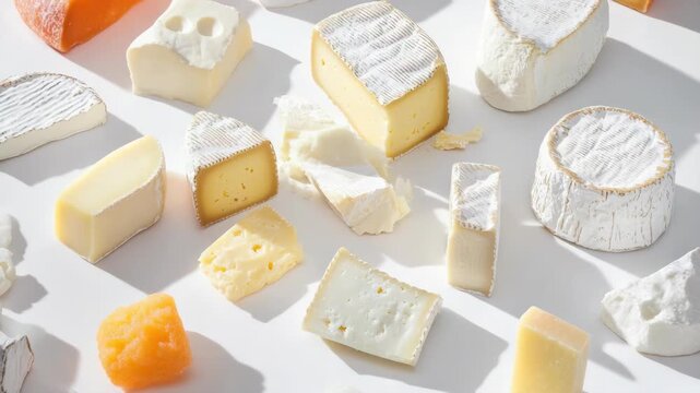 A variety of cheeses displayed neatly on top of white surface with sunlight streaming through.