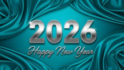 Celebrating the arrival of 2026 with luxurious teal fabric and silver text on a vibrant background