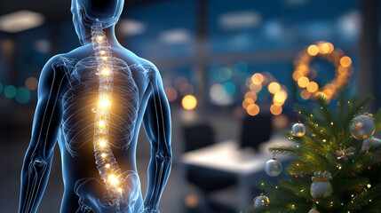 Faceless patient profile showing back pain posture, holographic skeletal structure with glowing stress points, defocused winter physiotherapy room with Christmas wreath bokeh, holi