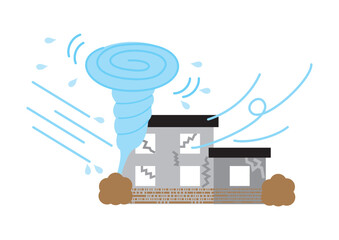 竜巻、台風で被害を受けた家のイラスト