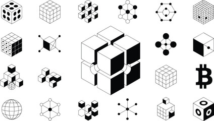 Abstract Geometric Cube Icons Set Representing Blockchain Data Networks, Cryptocurrency, Mathematics, and Modern Technology Vector Illustration Concept Collection Design Elements