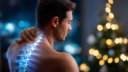 Faceless person experiencing trapezius muscle tension, digitally enhanced spine visualization with highlighted problem areas, defocused Christmas themed chiropractic office with bl
