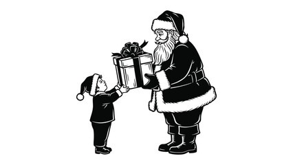 Santa Claus gives a gift to a child wearing a Santa hat.
