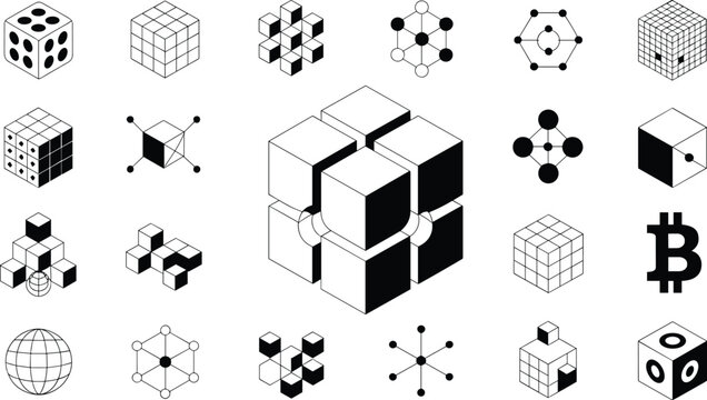 Abstract Geometric Cube Icons Set Representing Blockchain Data Networks, Cryptocurrency, Mathematics, and Modern Technology Vector Illustration Concept Collection Design Elements