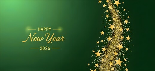 Celebrating the start of a new year 2026 with sparkling stars and glittering lights on a green background