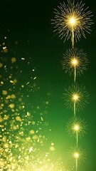 Fireworks exploding in the night sky with sparks and glittering lights over a green gradient background