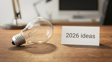  a clear, broken light bulb on a wooden desk, next to a white card reading 2026 ideas.