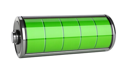 Full battery with green charge indicator representing power, energy, and efficiency isolated on transparent background