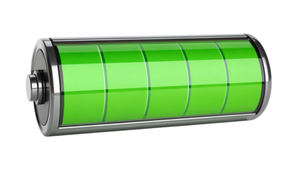 Full battery with green charge indicator representing power, energy, and efficiency isolated on transparent background