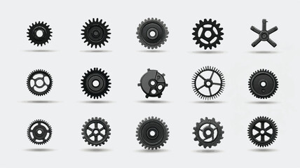 set of black gear wheels and cogs for machinery and mechanical systems