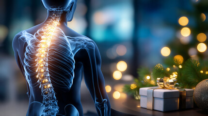 Faceless individual experiencing postural discomfort, digitally rendered skeletal system highlighting spinal curvature issues, defocused Christmas themed medical office with blurre