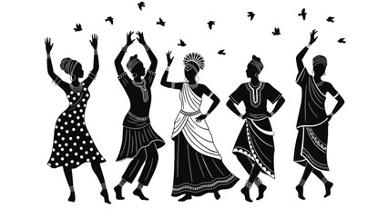 Silhouettes of five women dancing with birds overhead.