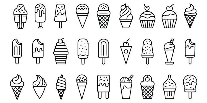 Frozen dessert icon set, black and white line art of ice cream, popsicles, sundaes, cupcakes, vector illustration