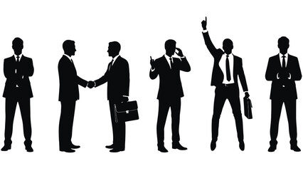 Silhouettes of businessmen in various poses against a white background.