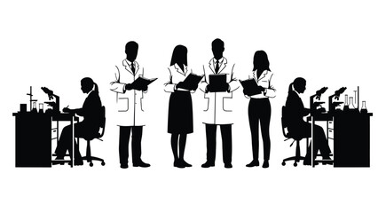 Scientists in lab coats work at desks with microscopes in a laboratory.