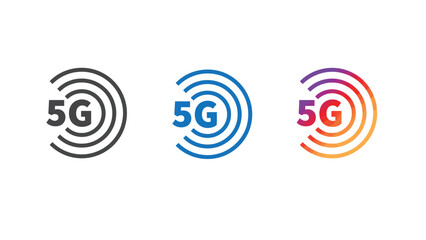 Three icons representing 5G wireless technology with different color schemes.