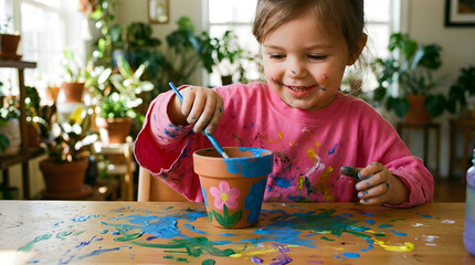 A young girl with light brown hair, wearing a pink shirt, paints a flower pot on a wooden table, surrounded by potted plants and natural light.