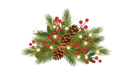 Christmas arrangement with pine branches, holly, pinecones, and fairy lights on white background