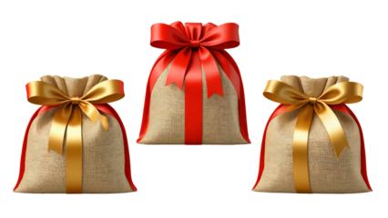 jute gift bags tied with ribbons. They are commonly used for general gift packaging. 