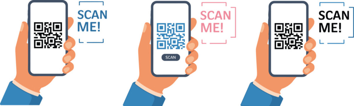 QR code smartphone icon set, cartoon hands holding phones with &ldquo;SCAN ME!&rdquo; text, flat vector illustration for marketing