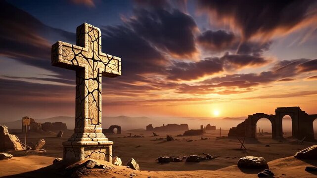 Ancient stone desert cross or crucifix with blowing sand ruins dust storm and dramatic sunset motion sky for Christmas