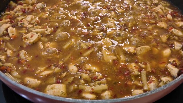 Cooking chicken with vegetables in a skillet on the stovetop in a modern kitchen setting