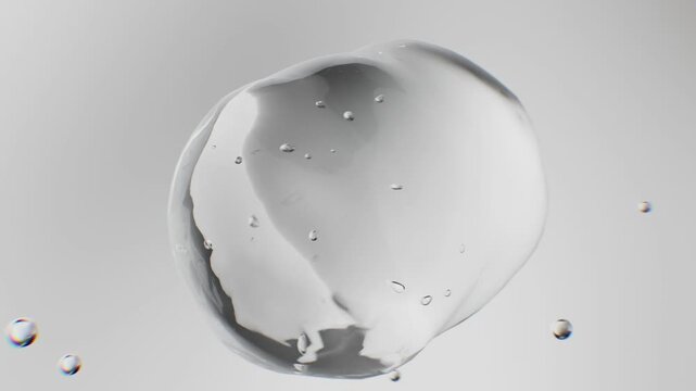 Liquid drops merging together in macro view, viscous gel spheres. Concept for biotechnology, stem cell research, cosmetic face serum beauty product.
