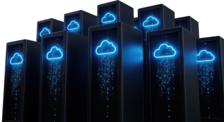 Cloud computing servers with neon blue cloud icons transparent background cutout png
