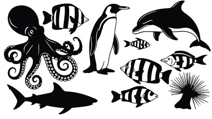 A collection of marine animals and a penguin are depicted in silhouette.