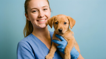 a smiling blonde woman in blue scrubs holding a small, light-brown puppy wrapped in blue cloth, against a light blue background.
