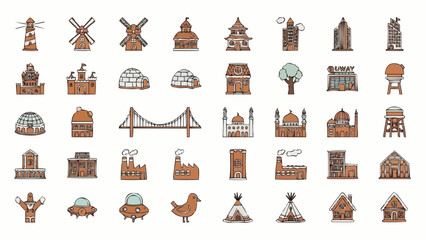 Collection of diverse architectural buildings and structures icons.