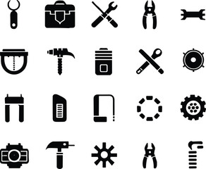 Obraz premium Black Silhouette Repair and Construction Tools Icons Set Featuring Workshop Hardware Equipment for Industrial Maintenance Vector Illustration Design Collection