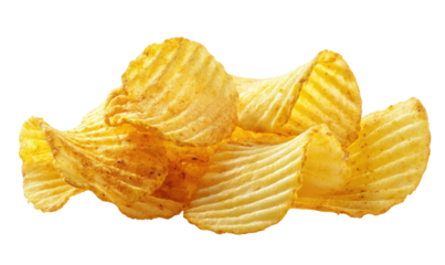Stack of crispy, ridged potato chips against a dark backdrop