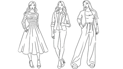 Three fashion illustrations of women in stylish outfits stand side by side.