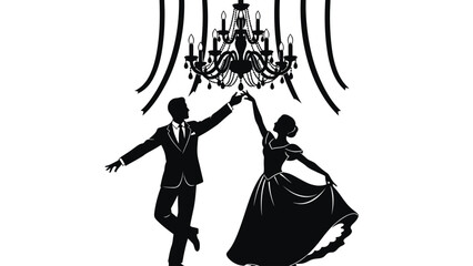 A couple dances elegantly under a grand chandelier in silhouette.