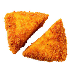 Fried golden triangles of food on a black background, close up shot