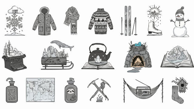 Winter season collection of clothing and outdoor adventure gear.
