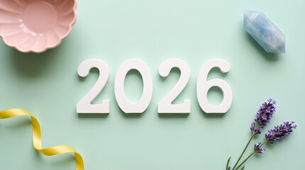 a pastel-themed 2026 New Year's card with white 3D numbers on a mint green background, featuring a pink bowl, yellow ribbon, lavender sprigs