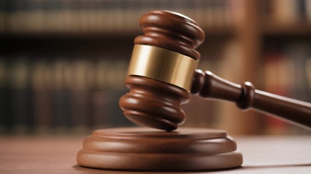 Judge&rsquo;s Gavel on Sound Block &ndash; Legal Symbol in Courtroom Setting with Bookshelves of Law Texts in Background