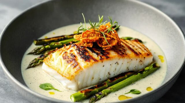 A fish is served with asparagus and a side of rice. The fish is grilled and has a crispy texture