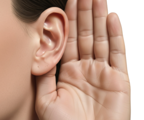 Close up of a person cupping their ear to listen transparent background cutout png