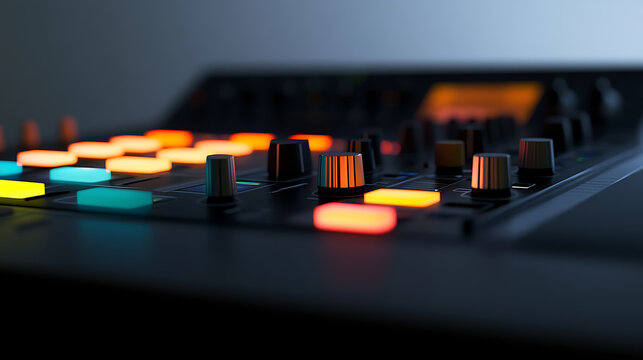 Illuminated audio mixing console with vibrant pads and rotary knobs, captures the essence of music production and sound engineering in a digital studio setting. - Powered by Adobe