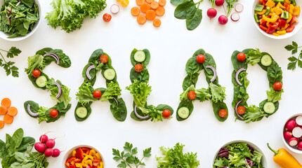 white surface adorned with colorful, assorted vegetables arranged to spell "SALAD" in capital letters