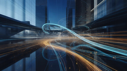 Dynamic light trails illustrating data flow and connectivity within a futuristic urban environment perfect for technology AI and smart city themes
