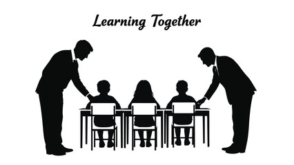 Two adults guide three children sitting at desks learning together.