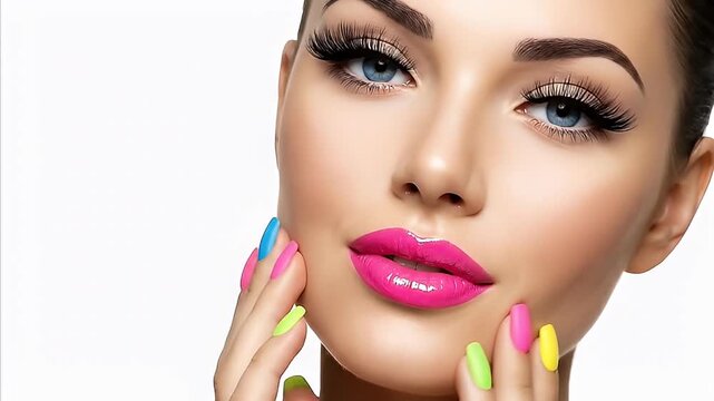 Glamorous young woman showcases stunning full makeup look featuring vibrant pink lipstick dramatic false eyelashes and colorful manicured nails against white background