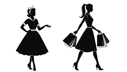 Two silhouettes of women in vintage dresses, one standing and one shopping.